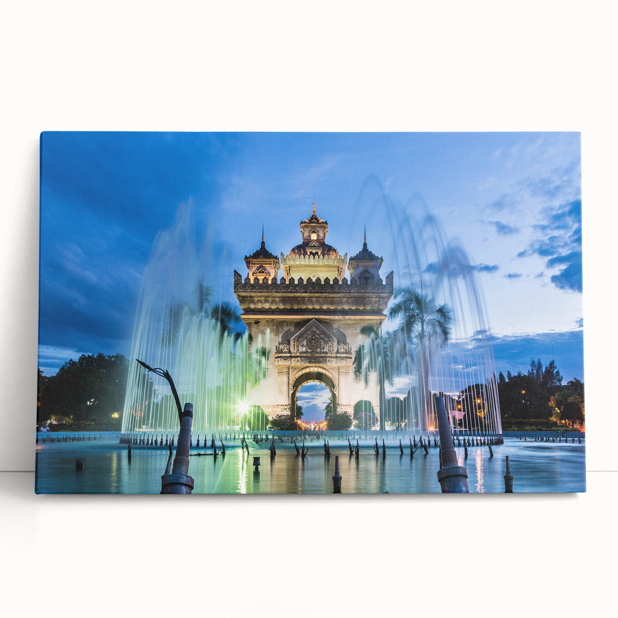 Black and white photograph of a serene Laos landscape on stretched canvas, ideal for kitchen wall art.