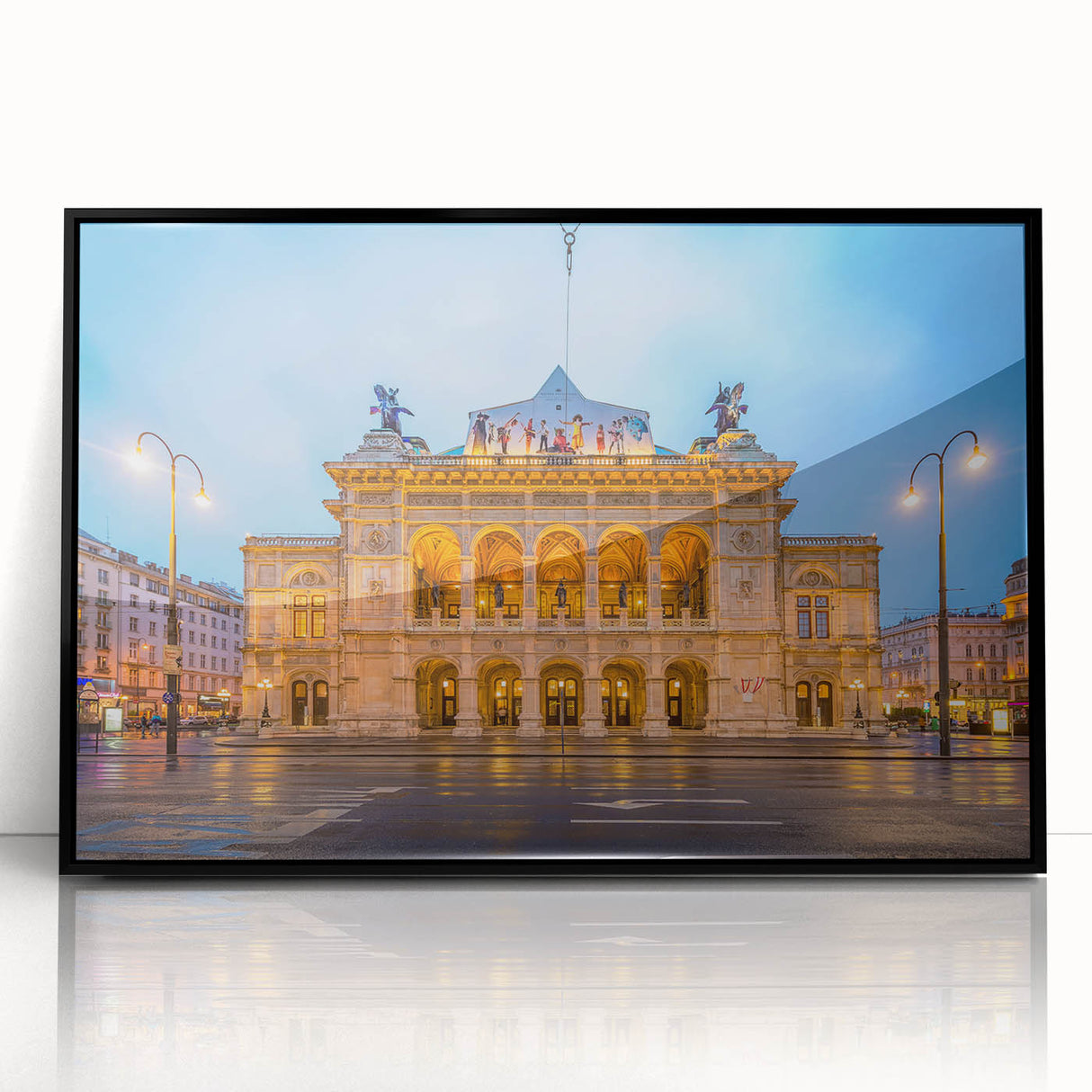 Large abstract wall art depicting a European scenery in Austria, with muted earth tones on a black framed acrylic.