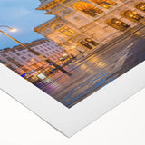 Art deco poster of a European Austrian landscape in muted earth tones on rolled canvas, suitable for dining room decor.
