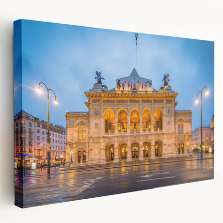 Large canvas print depicting a serene Austrian landscape with muted green and blue tones, suitable for kitchen wall art.