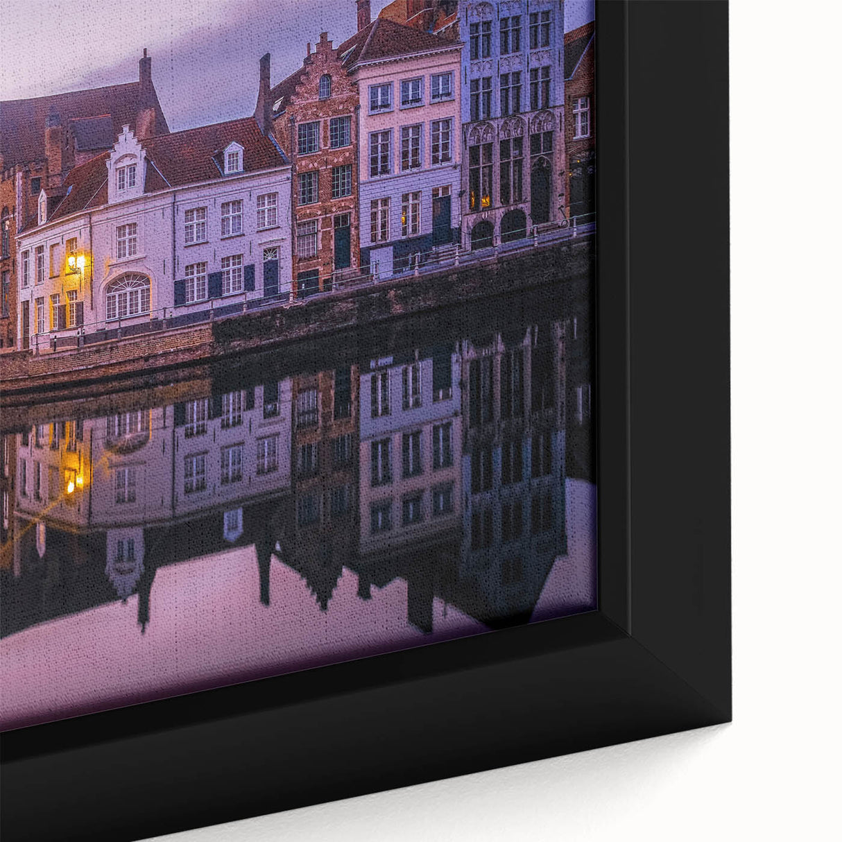 Extra large framed canvas of a textured, colorful European scenery in predominantly black tones, ideal for living room decor.