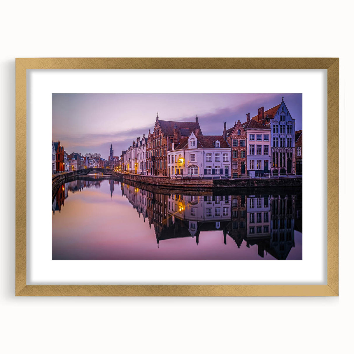 Extra large abstract art print of a European scenery in gold frame, ideal for living room decor.