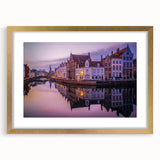 Extra large abstract art print of a European scenery in gold frame, ideal for living room decor.