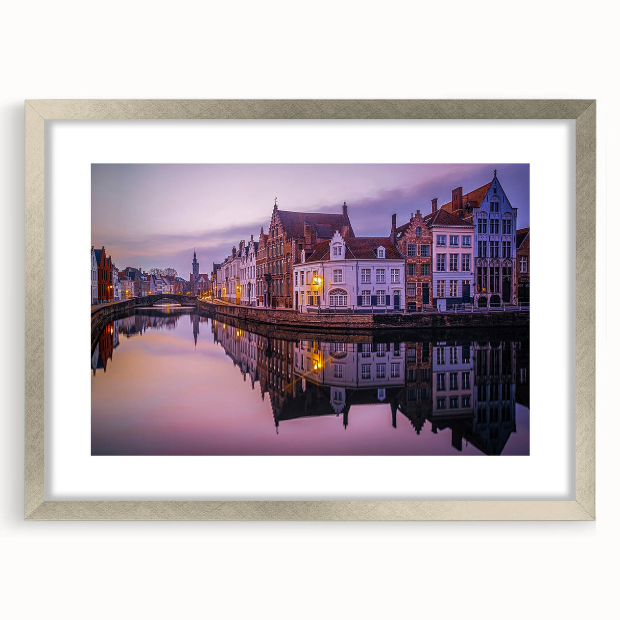 Textured art print of abstract European scenery in muted earth tones, silver-framed with mat, ideal for bedroom art.