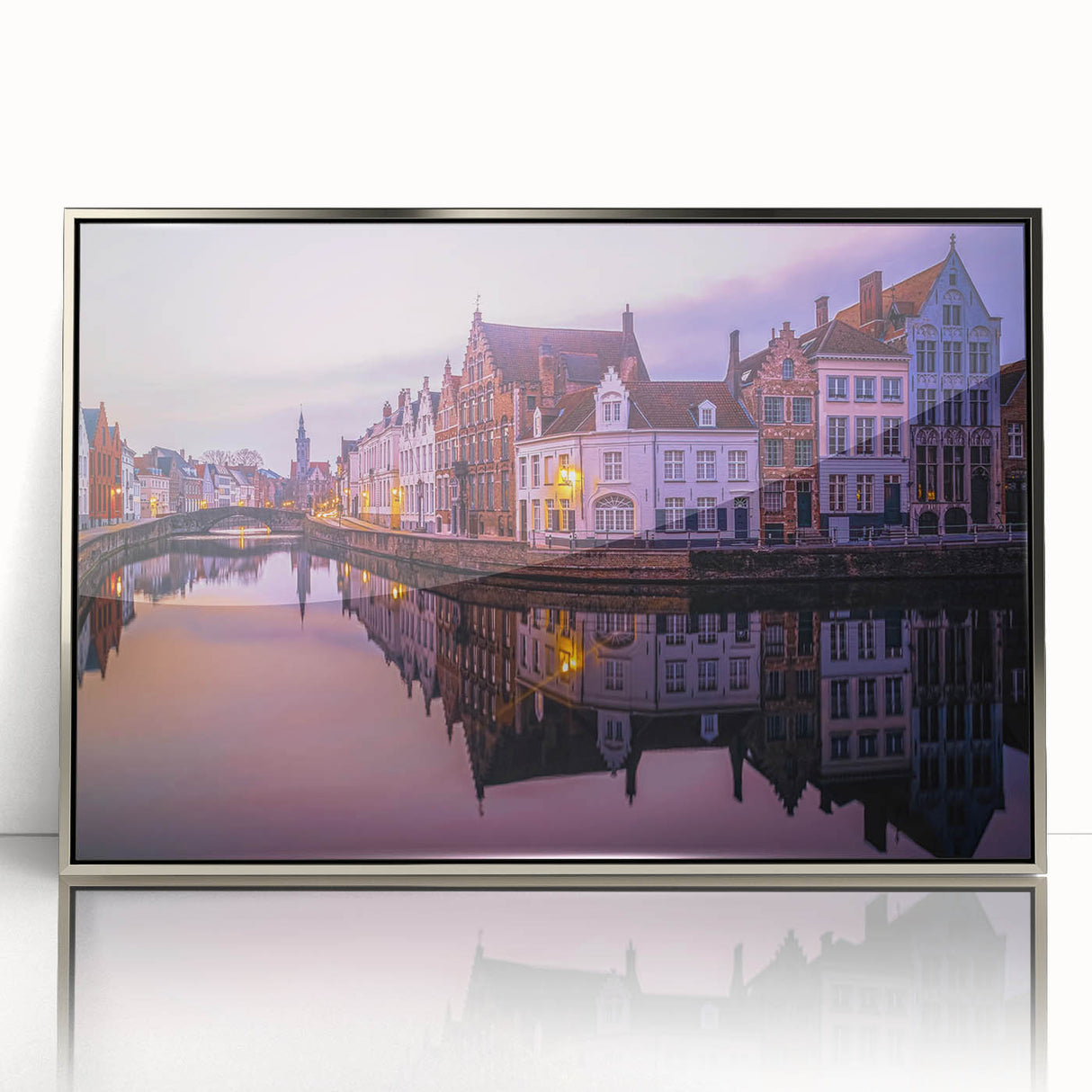 Mid-century modernist art depicting a European cityscape in cool blue and gray tones on a silver-framed acrylic print.