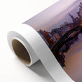Art deco poster of a serene European landscape in pastel shades on rolled canvas, ideal for nursery wall art.