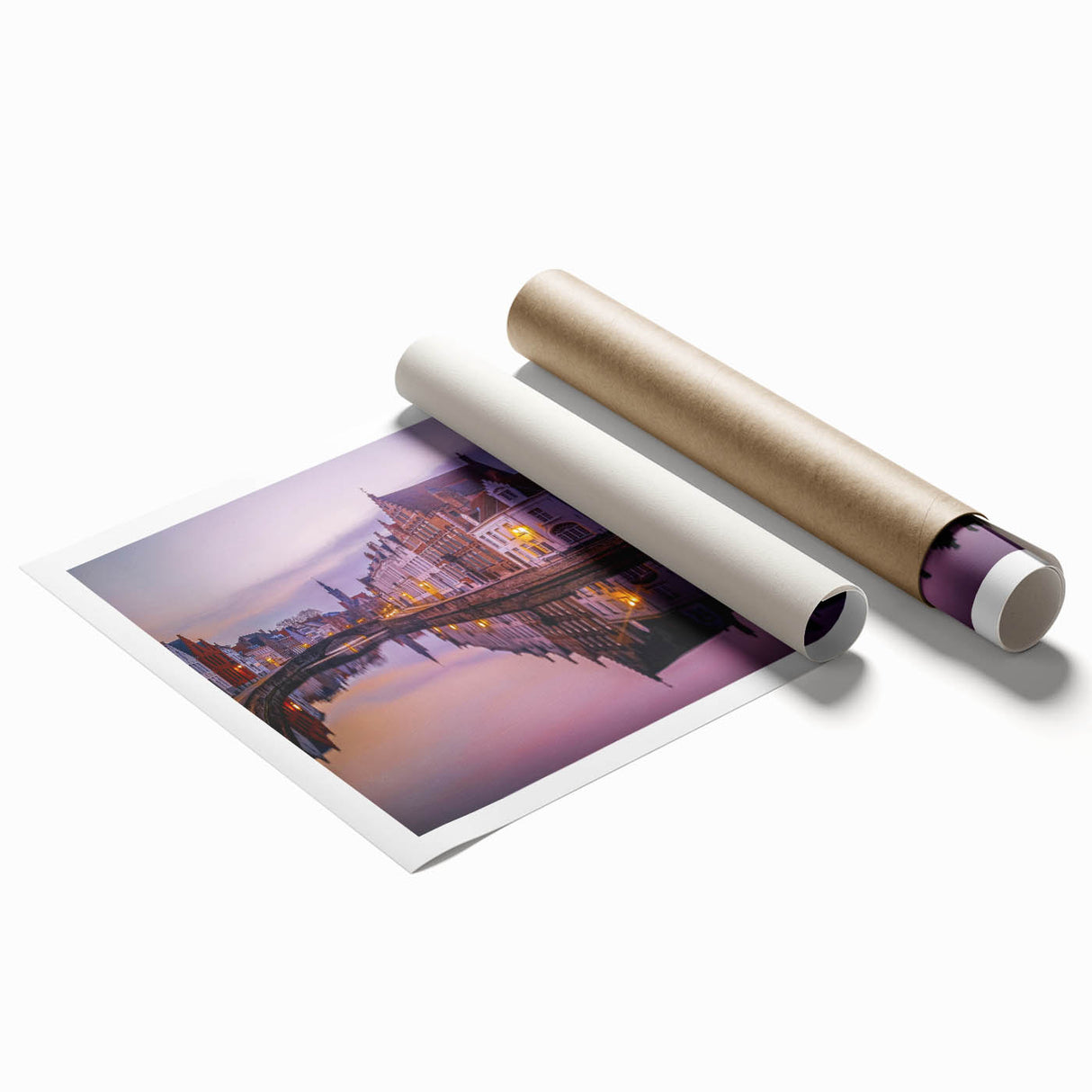 Rolled print of a European Belgian landscape with soft floral elements in pastel shades, ideal for classy bathroom wall art.
