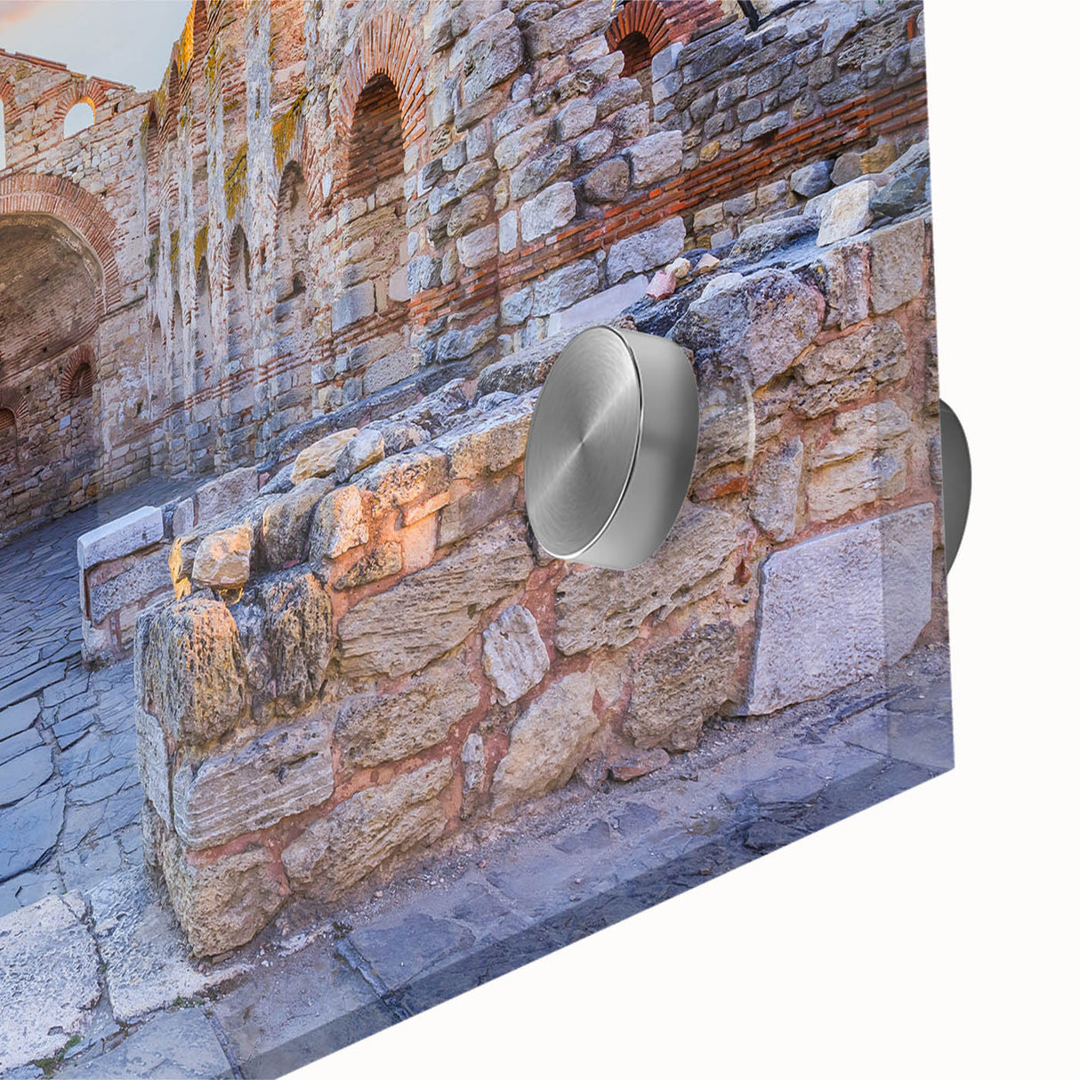 Large abstract wall art of a European scenery in muted earth tones on acrylic glass, ideal for bedroom or dining room decor.