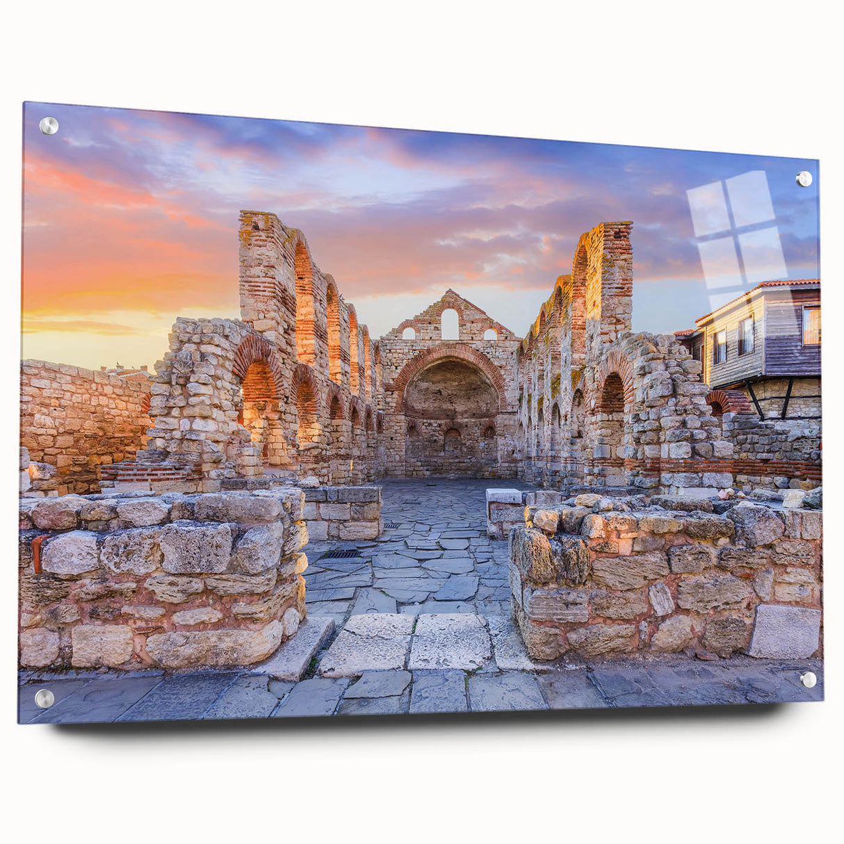 Acrylic print of a large abstract depiction of a European scenery in cool blue and green tones, ideal for dining room decor.