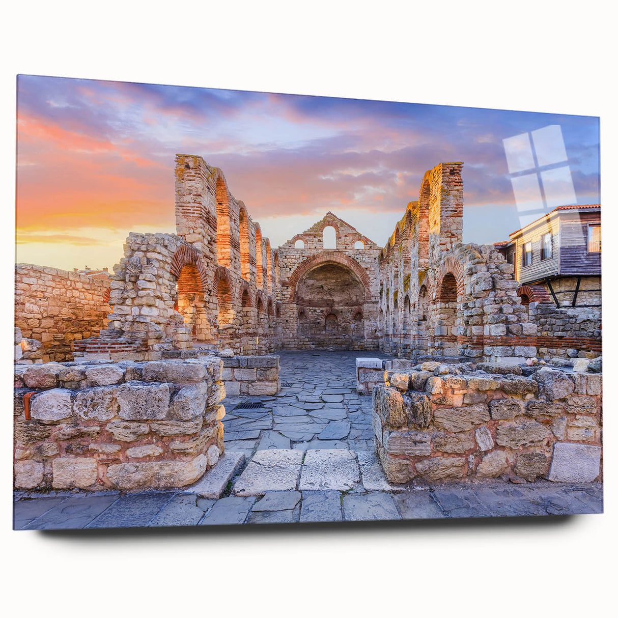 Large abstract wall art depicting a European Bulgarian landscape in muted earth tones on acrylic glass.