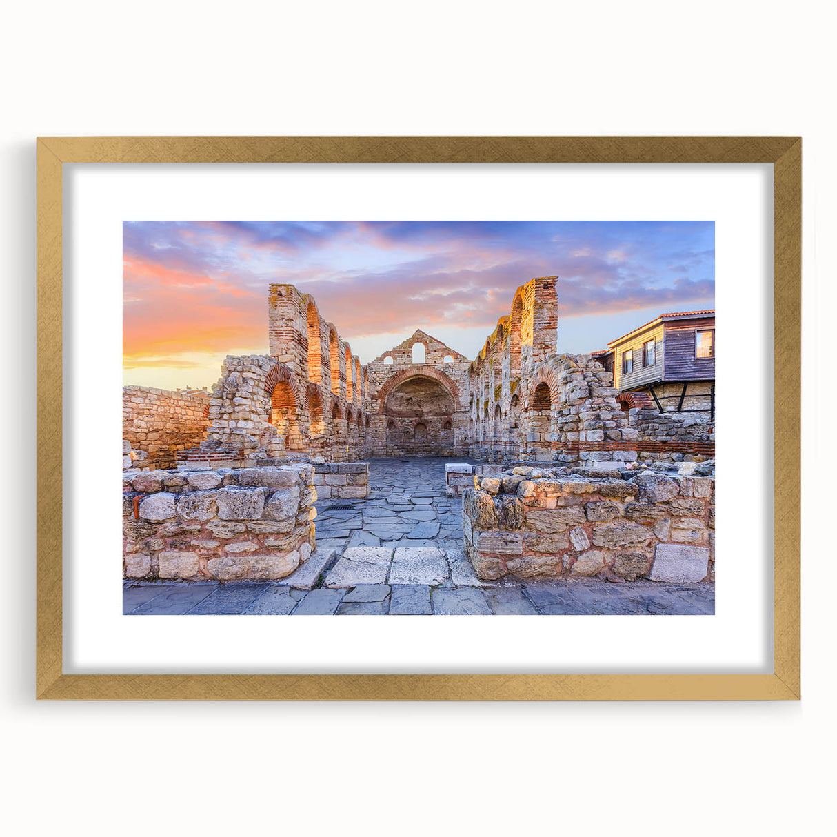 Abstract art print of a Bulgarian landscape in muted green and brown tones, framed in gold, ideal for dining room decor.