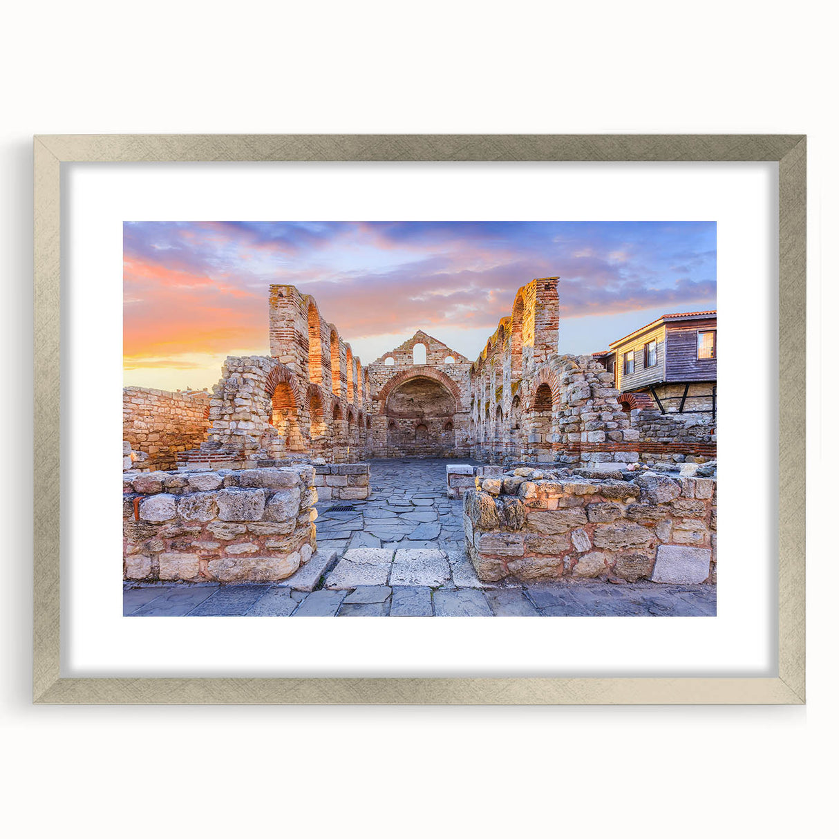Extra large textured abstract art print depicting a European scenery in a silver frame, ideal for living room decor.