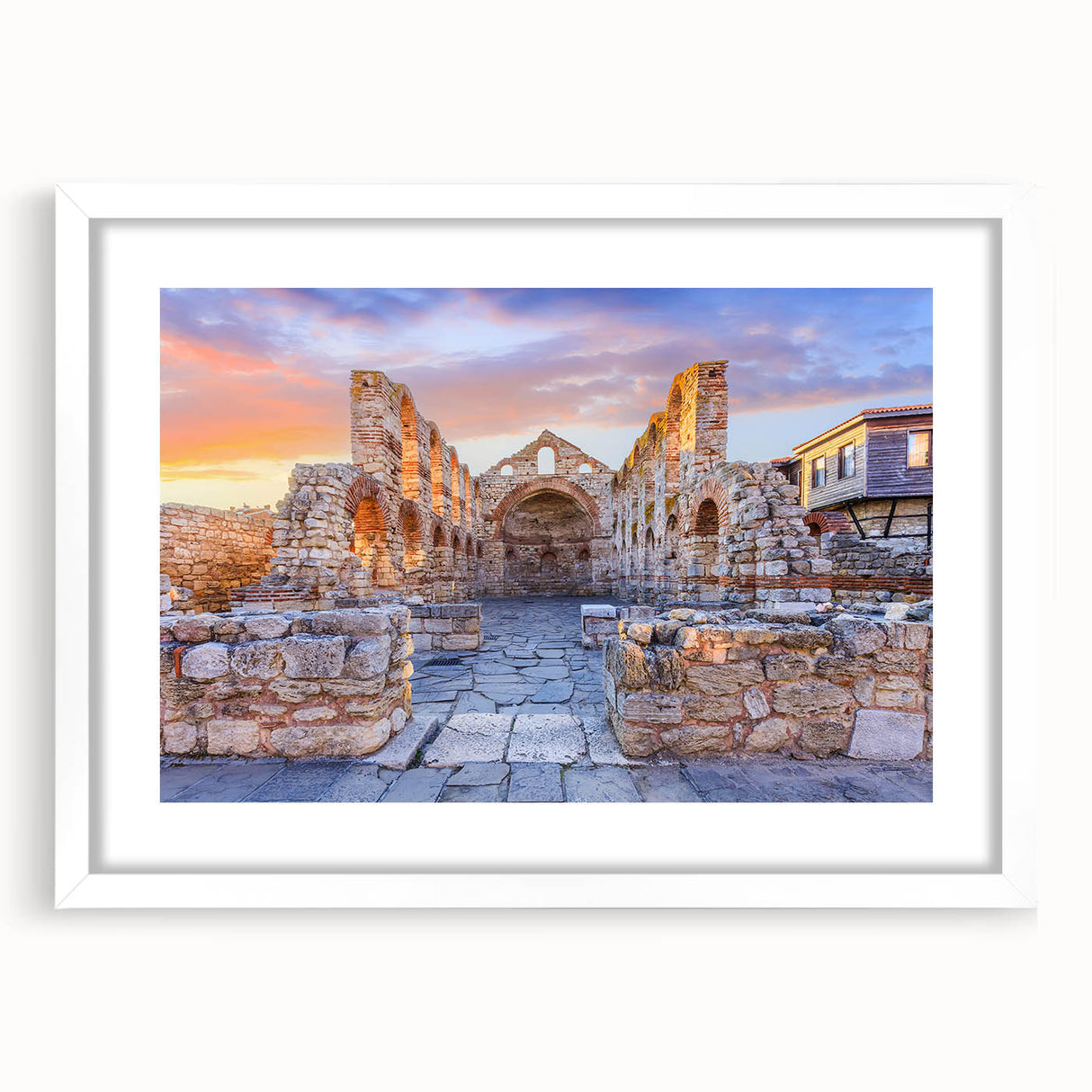 Textured abstract art print of a European scenery in muted earth tones on a framed matte canvas, ideal for bedroom art.