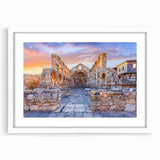 Textured abstract art print of a European scenery in muted earth tones on a framed matte canvas, ideal for bedroom art.