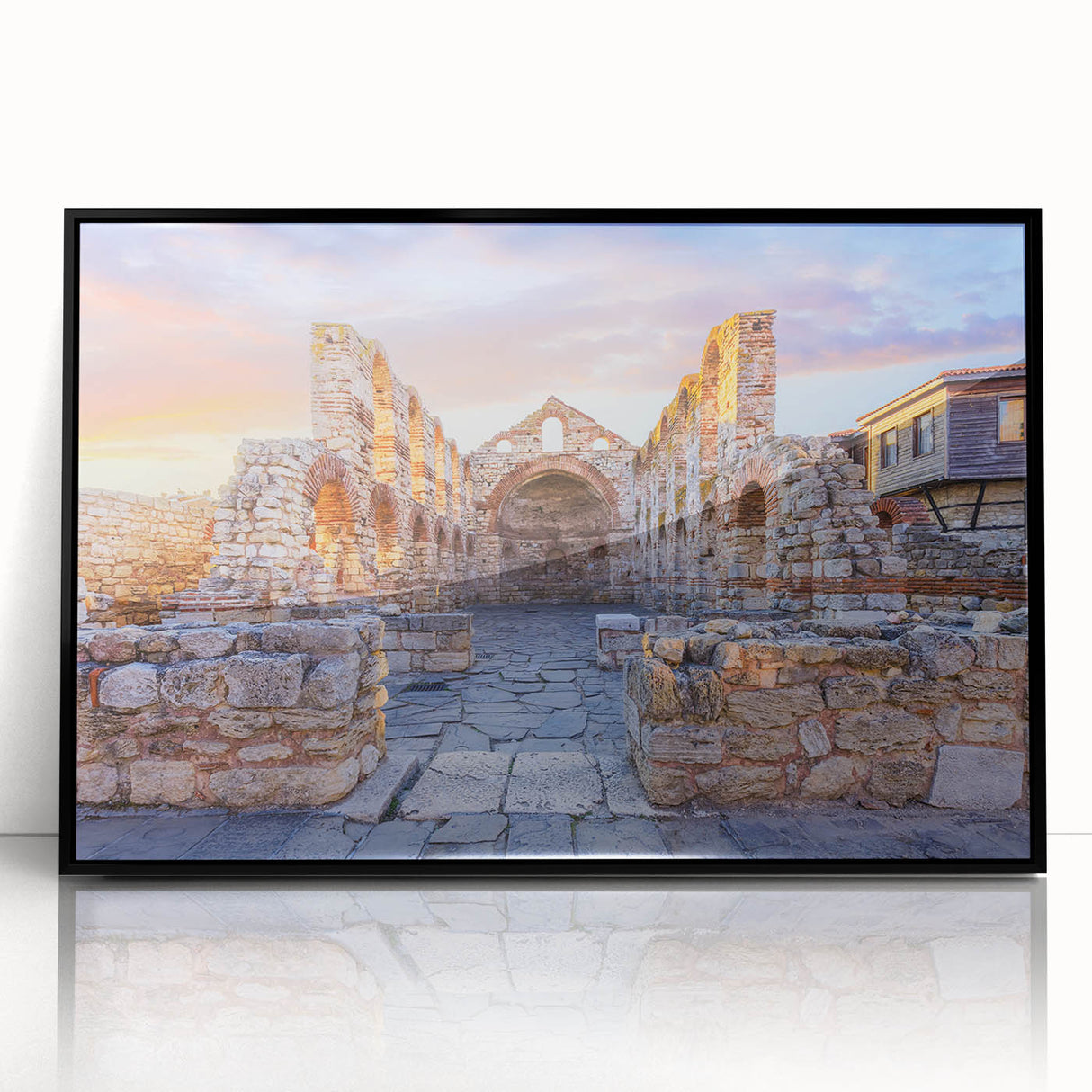 Large abstract wall art featuring a Bulgarian landscape in muted earth tones, framed in black acrylic.