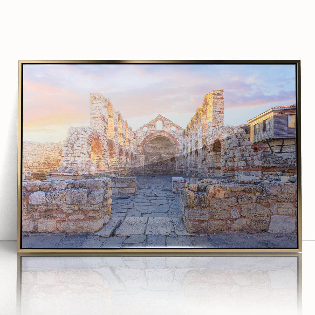 Art deco poster featuring a European Bulgarian landscape in muted gold tones on a framed acrylic.