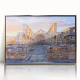 Art deco poster featuring a European Bulgarian landscape in muted gold tones on a framed acrylic.