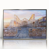 Large acrylic print of a European Bulgarian scenery in muted earth tones, framed in silver.