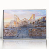 Mid-century modernist art depicting a Bulgarian landscape in muted earth tones on a framed acrylic panel.