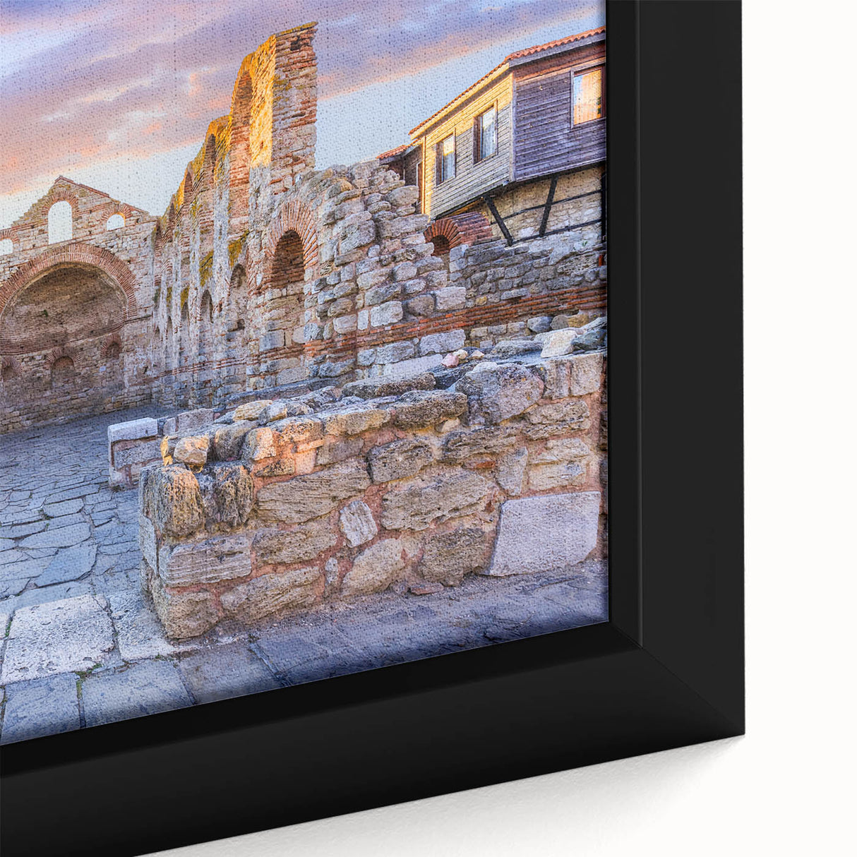 Black framed canvas featuring a textured, colorful Bulgarian landscape, ideal for living room decor.