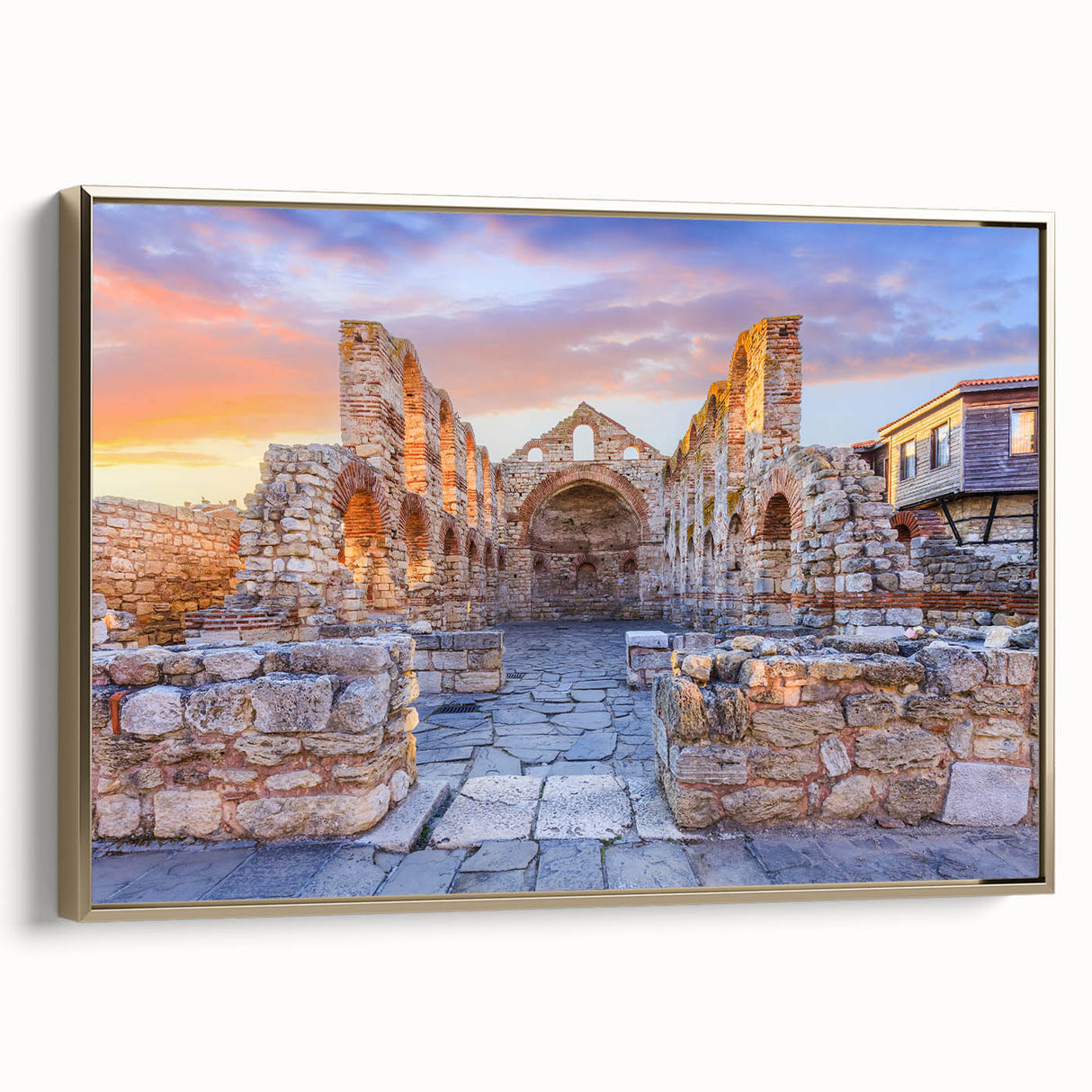 Framed canvas featuring a vintage-style landscape painting of a Bulgarian scenery in muted gold and black tones.
