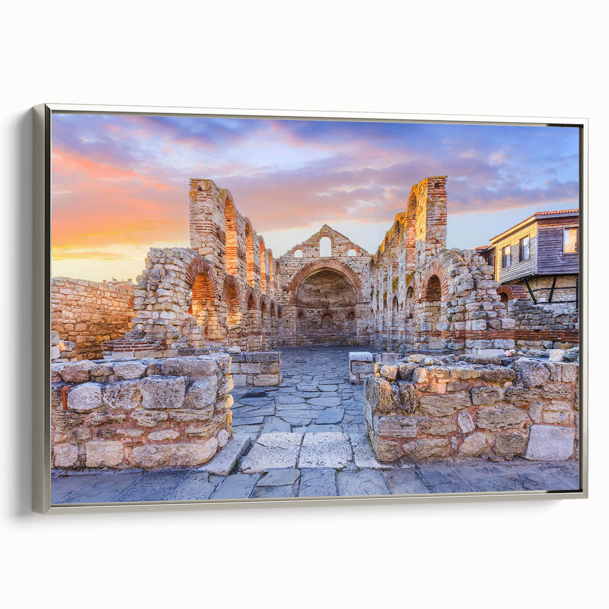 Framed canvas featuring a vintage-style landscape painting of a Bulgarian scenery in colorful tones.