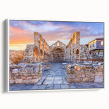 Vintage poster art depicting a scenic European landscape in vibrant colors on a large framed canvas.