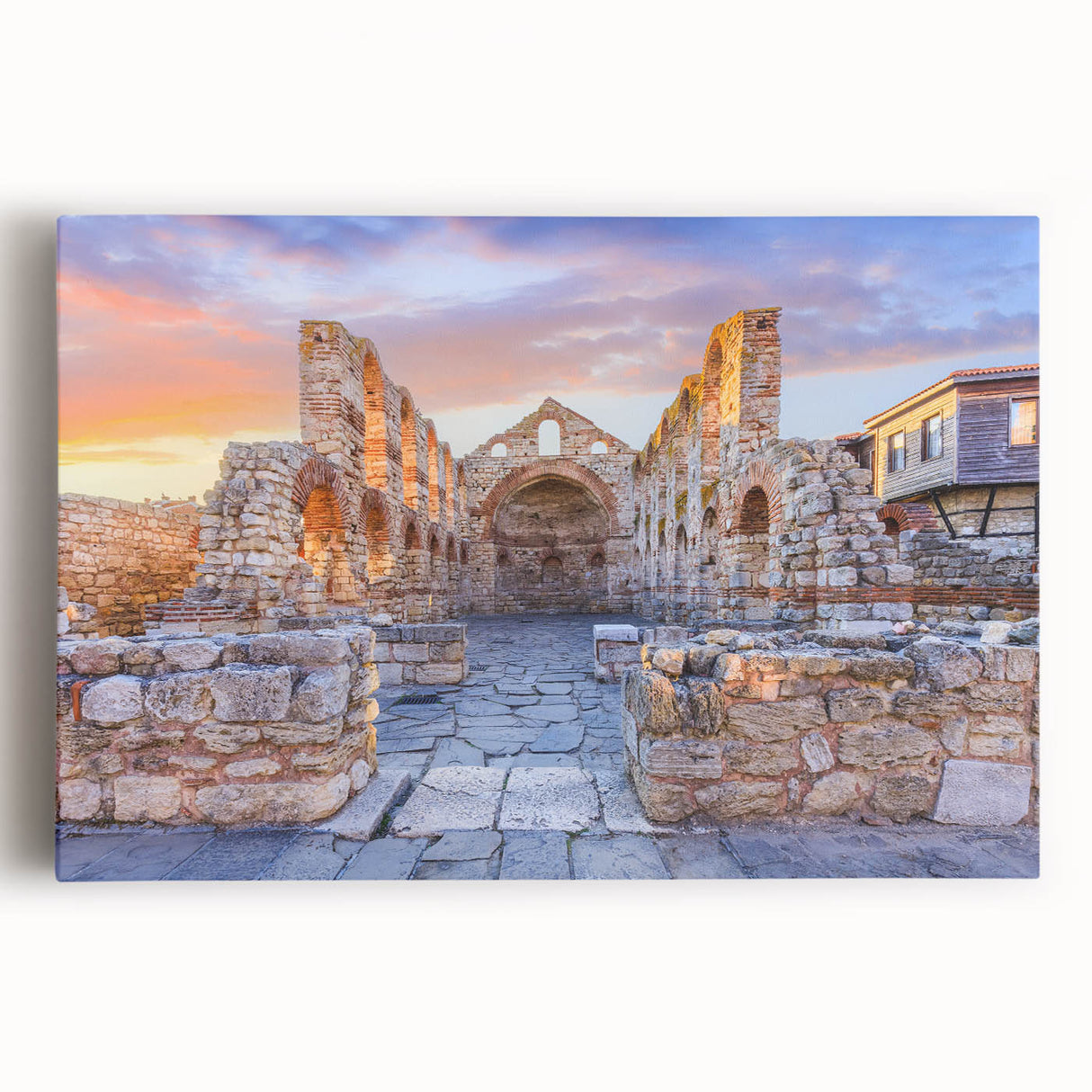 Black and white photograph of a European cityscape on stretched canvas, ideal for kitchen wall art or bedroom decor.
