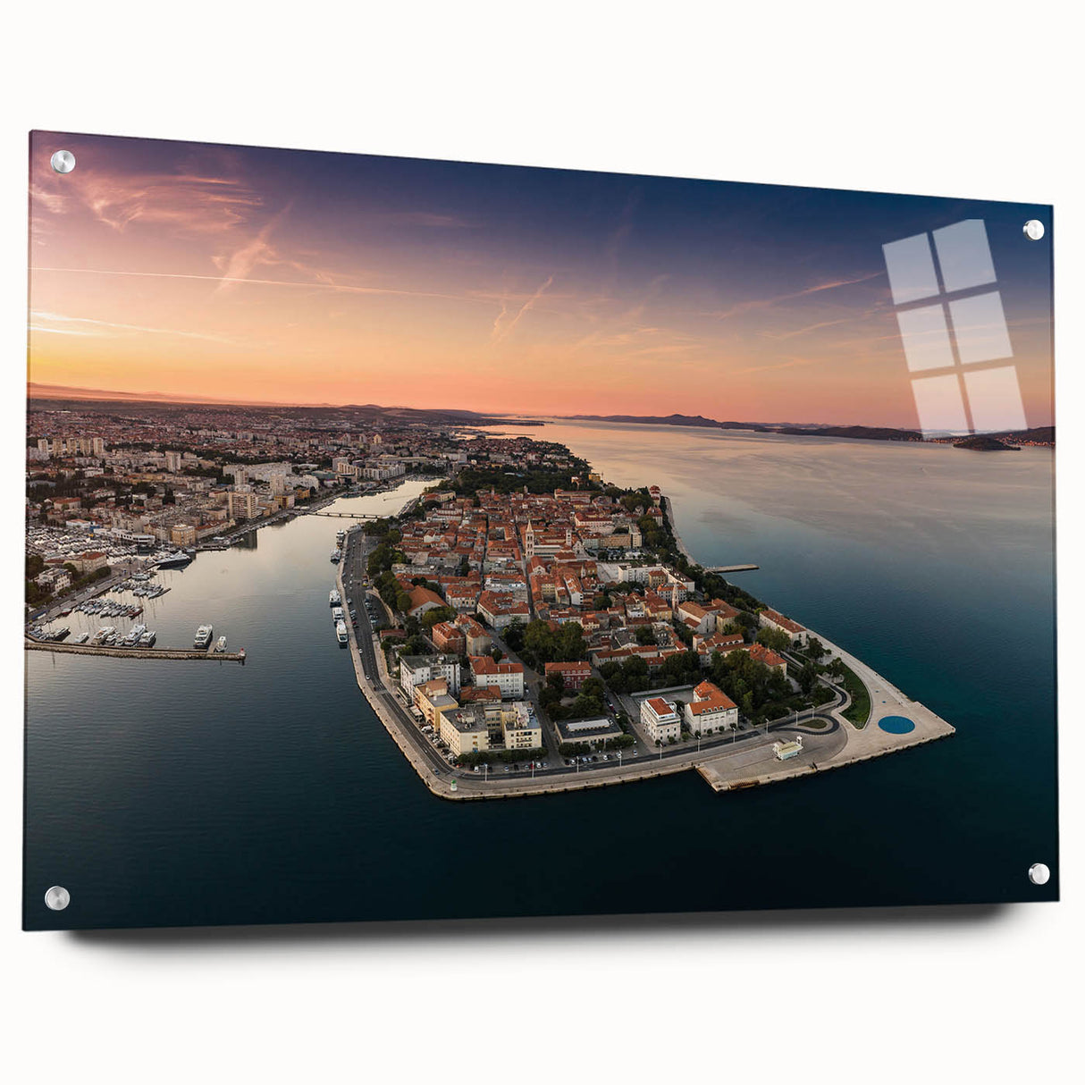Acrylic print of a European Croatian landscape in vibrant greens and blues, suitable for bedroom or dining room decor.