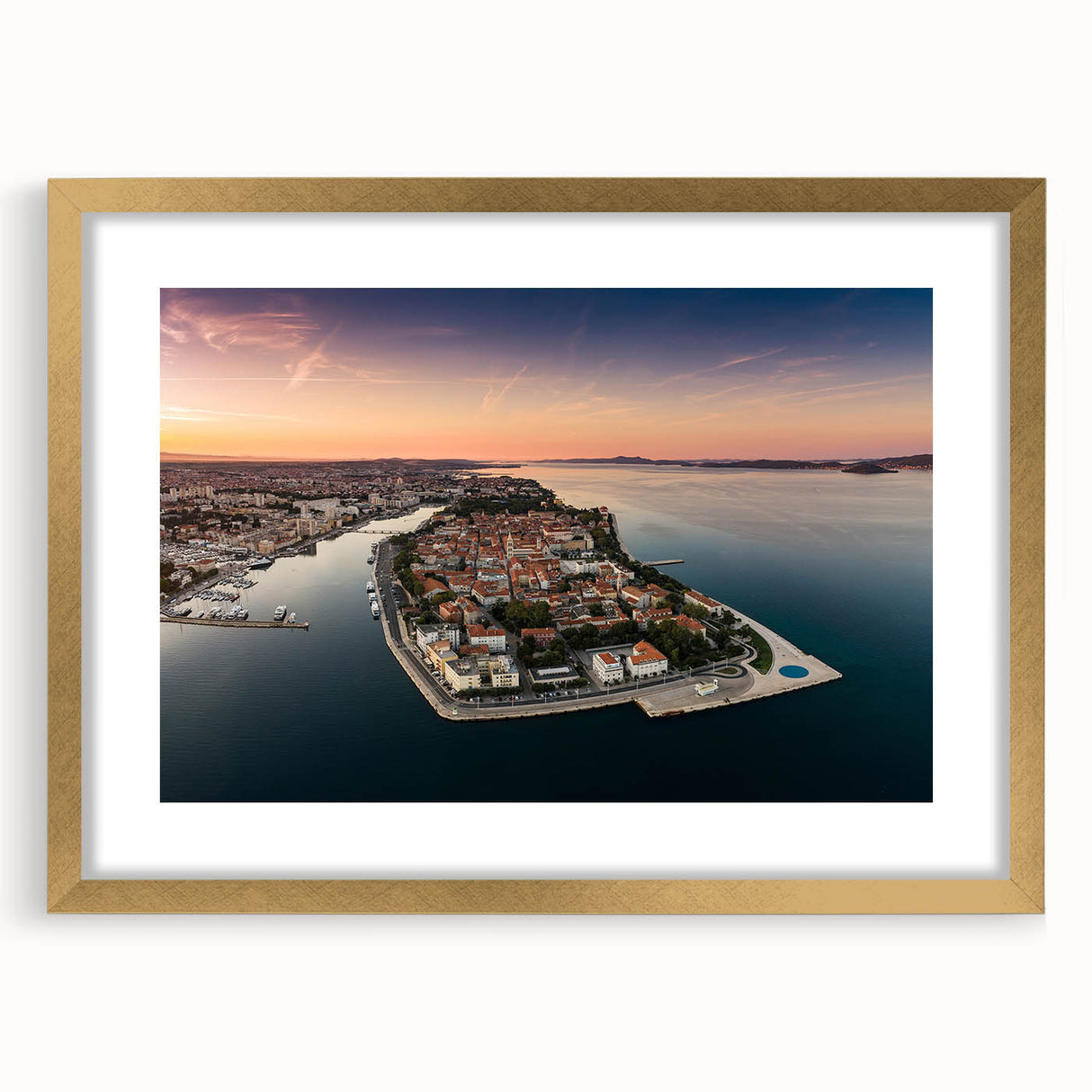 Abstract art print of a European Croatian landscape in muted earth tones, framed with a gold mat.