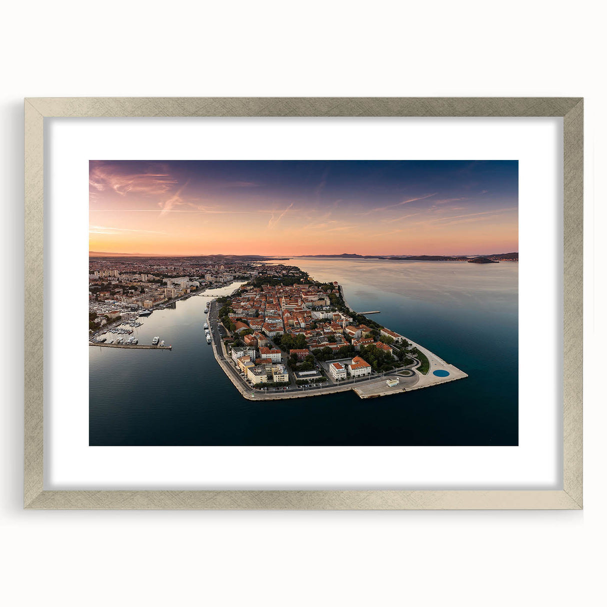 Extra large abstract art print of a European Croatian scenery in textured style, framed in silver.