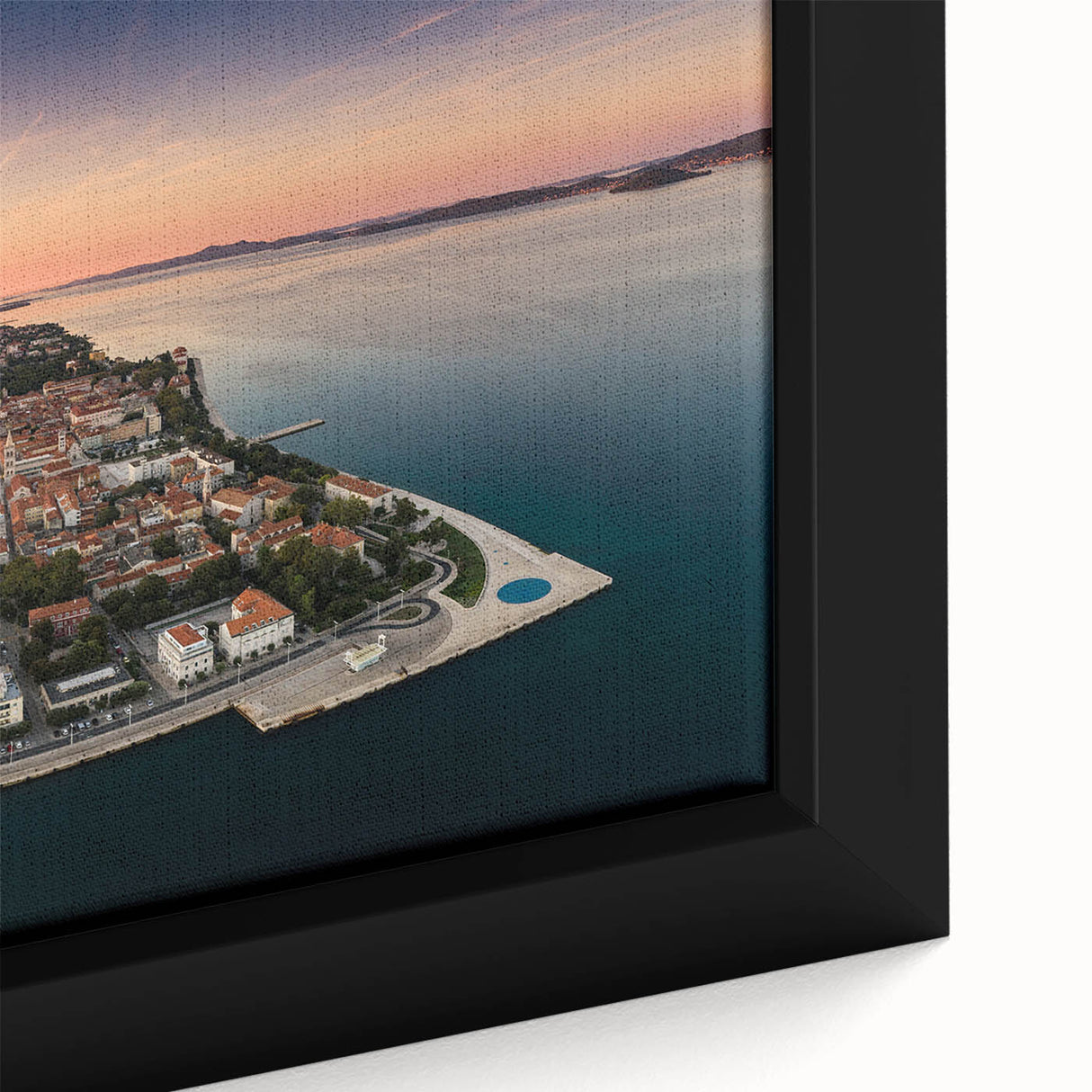 Extra large framed canvas featuring a textured depiction of a Croatian landscape in black with colorful accents.
