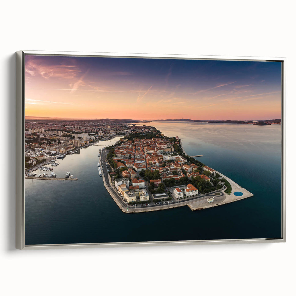 Framed canvas landscape art painting depicting a vintage Croatian coastal scene in vibrant, colorful tones.