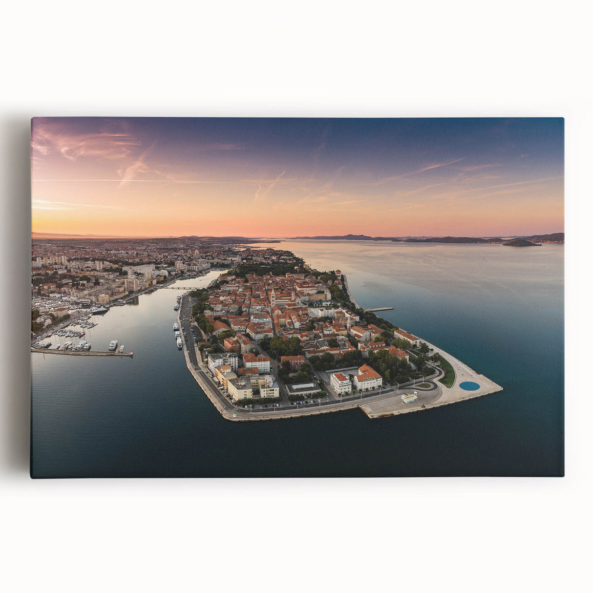 Black and white photograph of a Croatian coastal town on stretched canvas, ideal for kitchen wall art.