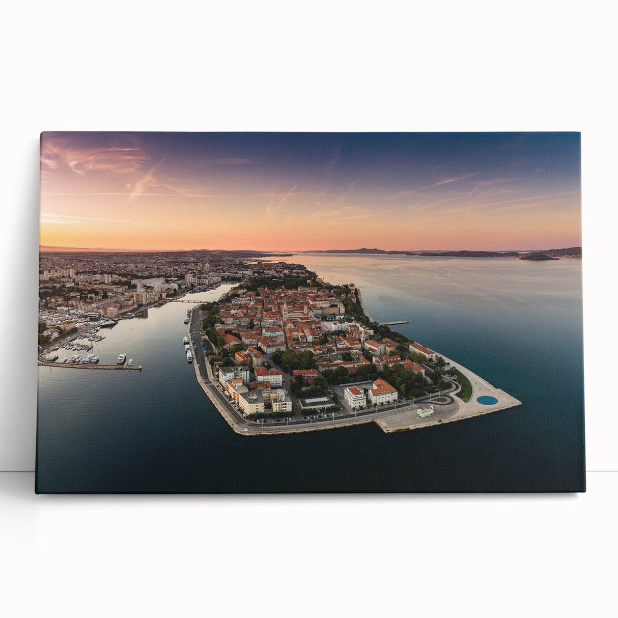 Black and white photograph of a Croatian coastal town on stretched canvas, ideal for kitchen wall art.