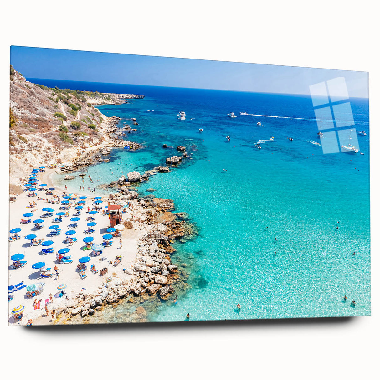 Large abstract wall art of a European Cyprus landscape in muted earth tones, printed on acrylic glass.