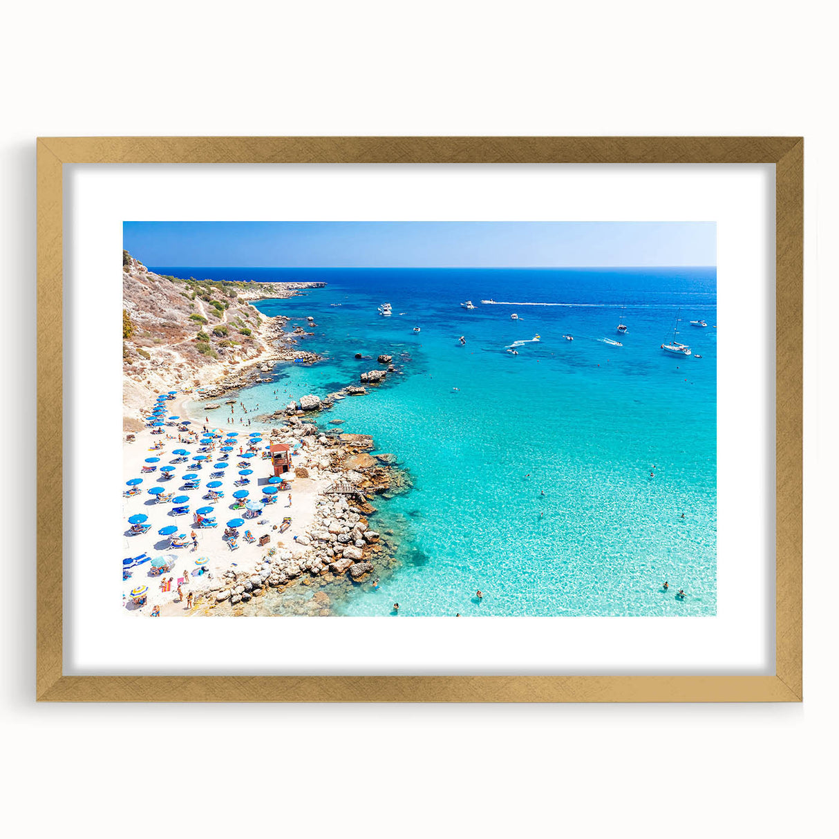 Abstract art print of European scenery in Cyprus, depicted in muted earth tones on a framed canvas.