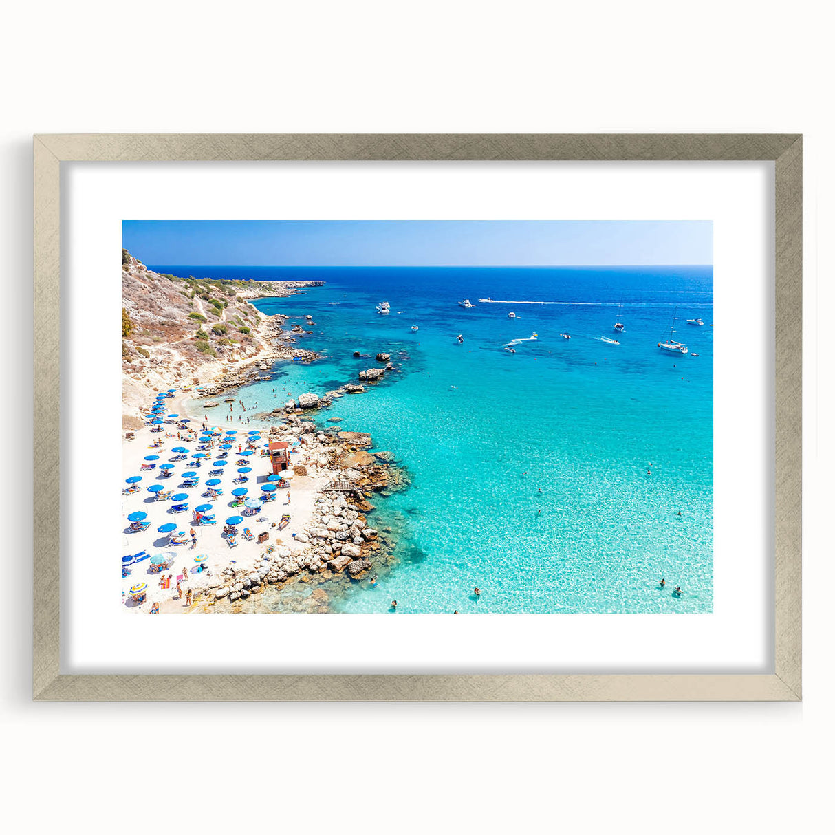 Extra large abstract art print of a textured European scenery in muted earth tones, framed in silver.