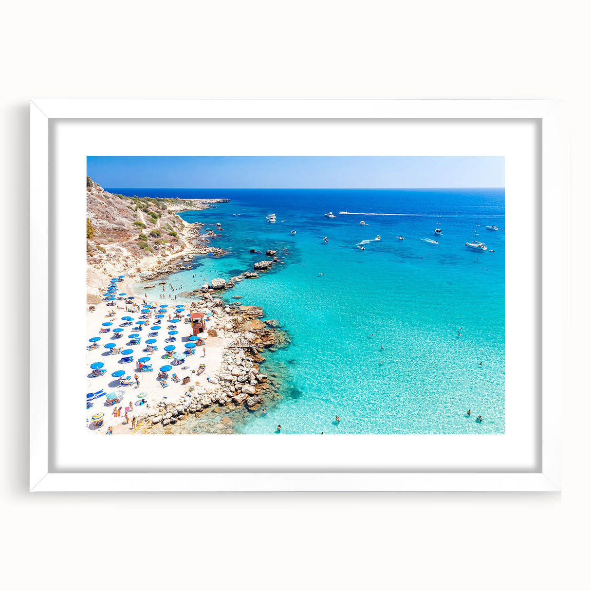 Textured abstract art print of a European scenery in Cyprus, framed with a white mat, ideal for bedroom art.
