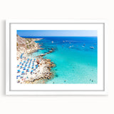 Textured abstract art print of a European scenery in Cyprus, framed with a white mat, ideal for bedroom art.