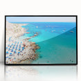 Large abstract wall art depicting a European Cyprus scenery in muted earth tones, framed in black acrylic.