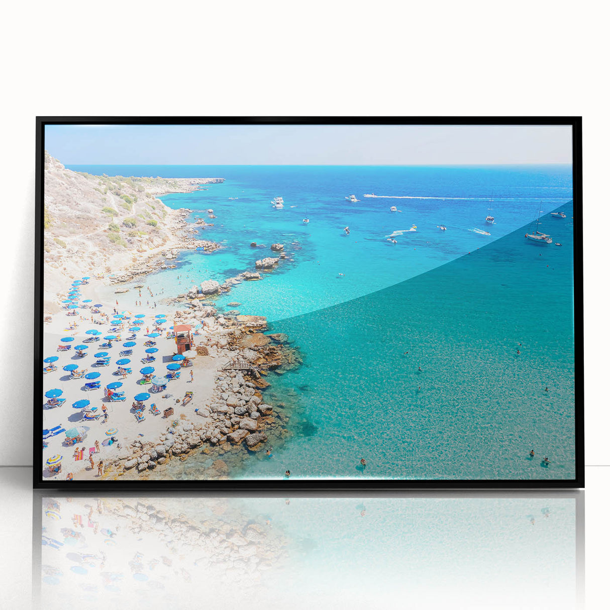 Large abstract wall art depicting a European Cyprus scenery in muted earth tones, framed in black acrylic.