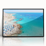 Large abstract wall art depicting a European Cyprus scenery in muted earth tones, framed in black acrylic.