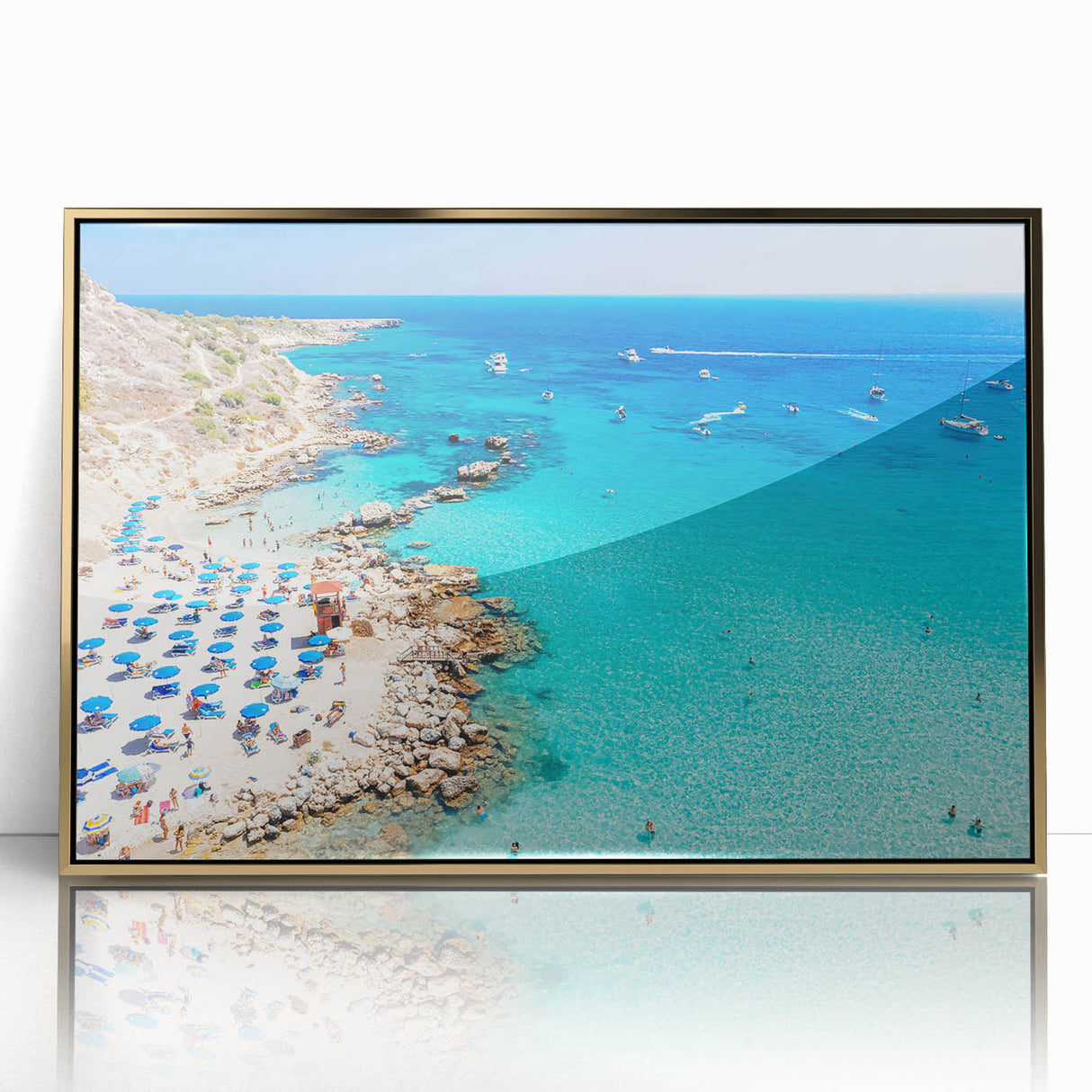 Art Deco-style poster of a European Cyprus landscape in muted gold tones, acrylic framed, ideal for modern nursery decor.