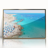 Art Deco-style poster of a European Cyprus landscape in muted gold tones, acrylic framed, ideal for modern nursery decor.