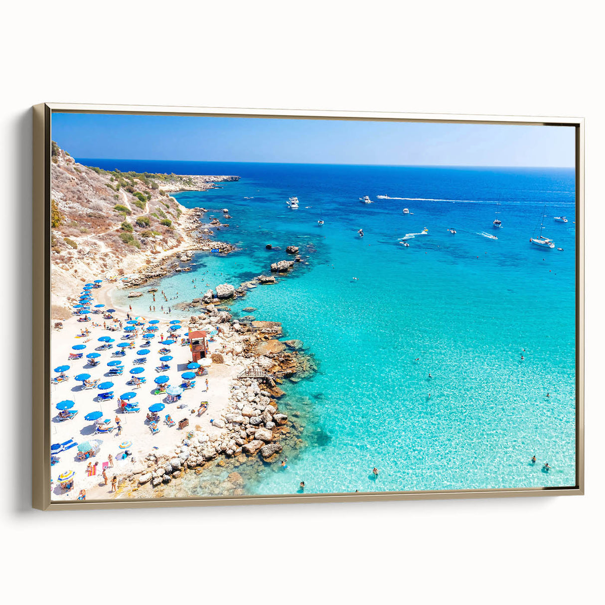 Framed canvas featuring a vintage landscape painting of Cyprus with muted gold and black tones, ideal for bedroom wall art.
