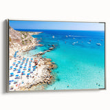 Landscape art painting of a European scenery in Cyprus on framed canvas, featuring colorful art with a vintage poster flair.