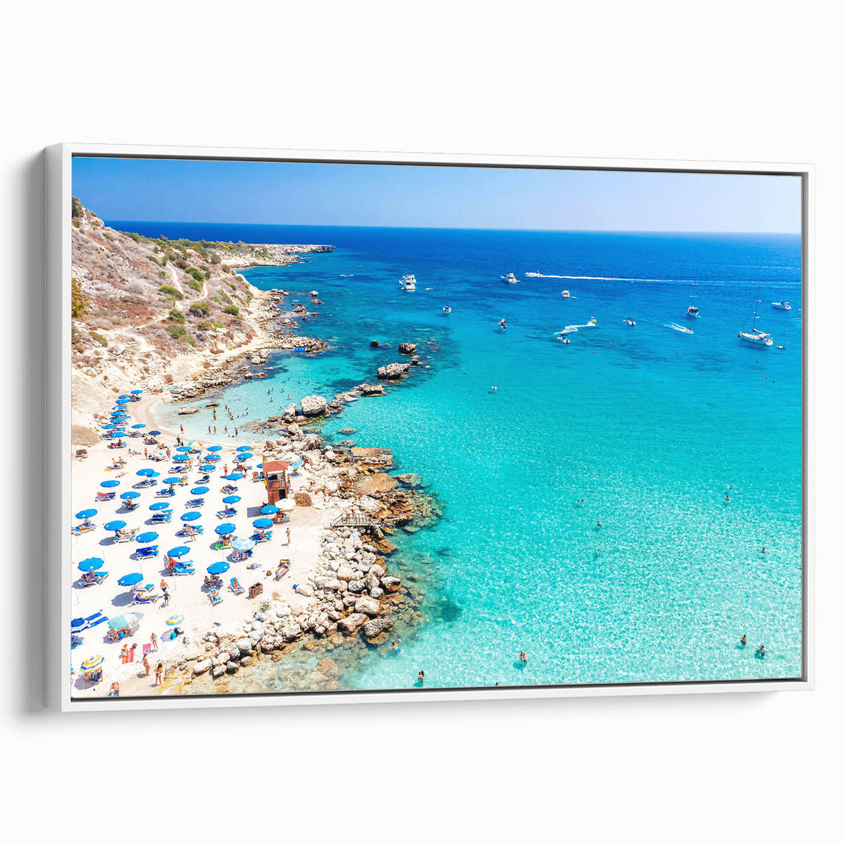 Vintage poster art of a European Cyprus scenery on a framed canvas with colorful accents, ideal for living room decor.
