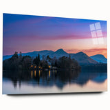 Large abstract wall art depicting Cumbria's landscape in muted green and blue tones on acrylic glass.