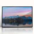 Large abstract wall art depicting a serene Cumbrian landscape in muted earth tones, framed in black acrylic.